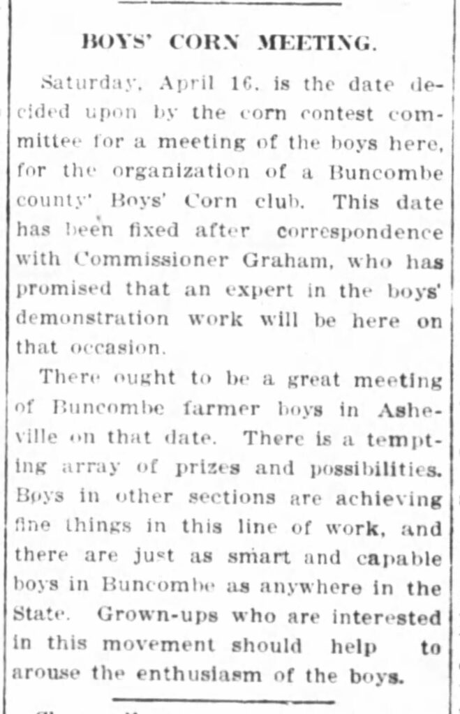 Newspaper Article describing the beginning of boys' Corn Clubs in Buncombe County, North Carolina. 