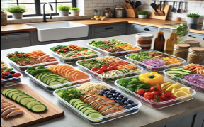 Counter with various food prep containers organized on top