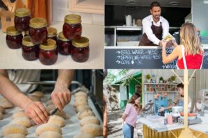 four pictures of jams, food truck, making bread and food stand