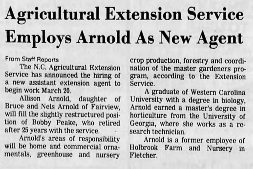 1989 newspaper article about Alison Arnold joining the staff of Buncombe County Cooperative Extension.