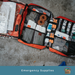 picture of an emergency supplie kit with first aid items and other needed supplies