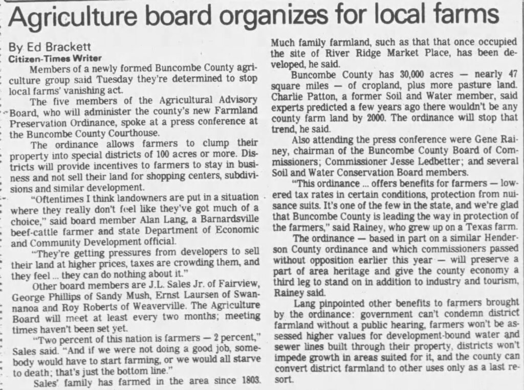 1990 newspaper article about Buncombe County's new Farmland Preservation program.