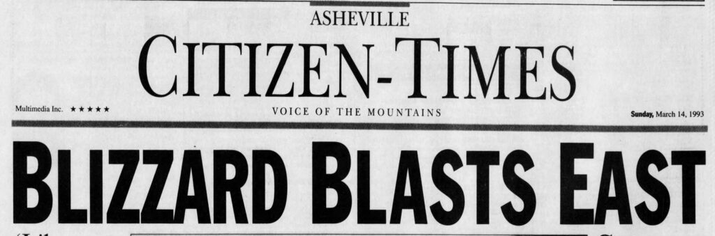 Newspaper headline "Blizzard Blasts East" on Asheville Citizen Times front page.