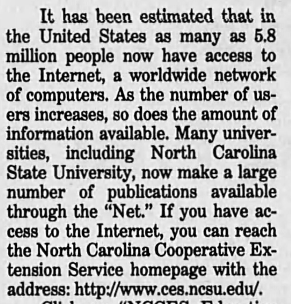 Article from 1996 Asheville Citizen Times newspaper about Cooperative Extension information being available on the internet. 