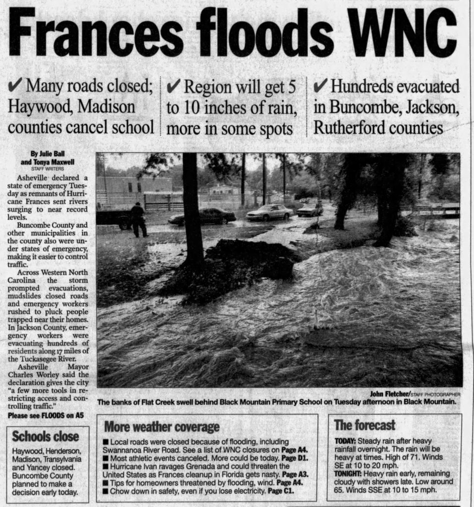 Newspaper article about floods in Asheville and Western North Carolina caused by Hurricane Frances.