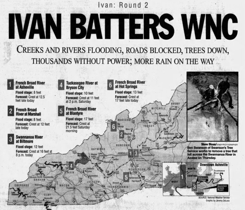 Newspaper article about floods in Asheville and Western North Carolina caused by Hurricane Ivan.